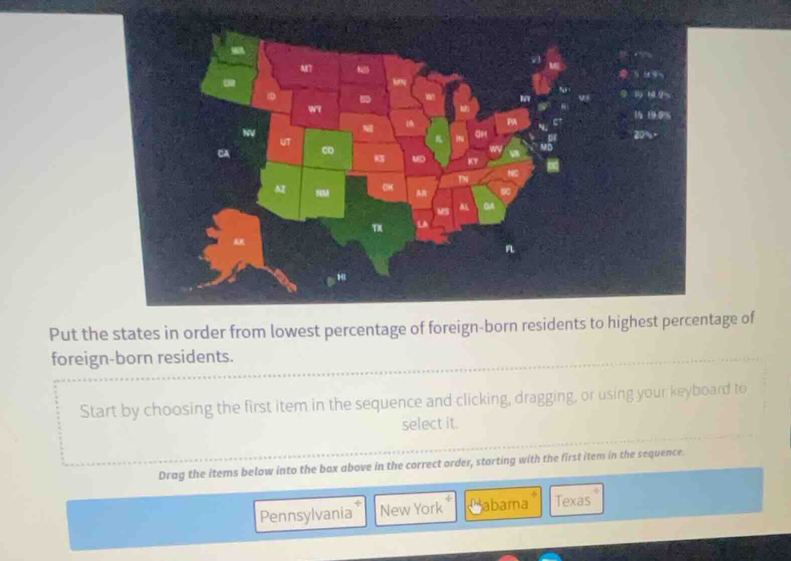 put the states in order from lowest percentage of foreign-born resident…