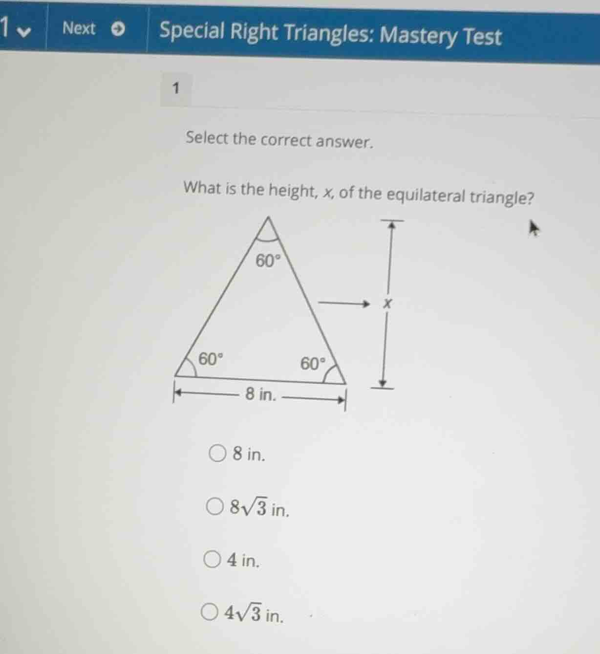 select the correct answer. what is the height, \\(x\\), of the equilate…