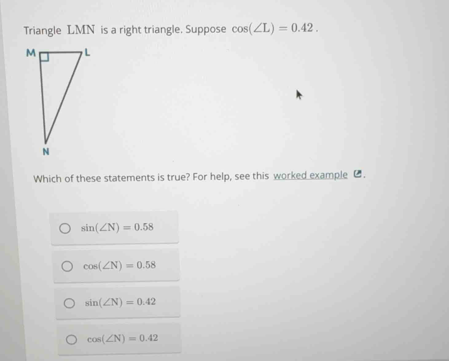 triangle lmn is a right triangle. suppose \\(\\cos(\\angle l) = 0.42\\)…
