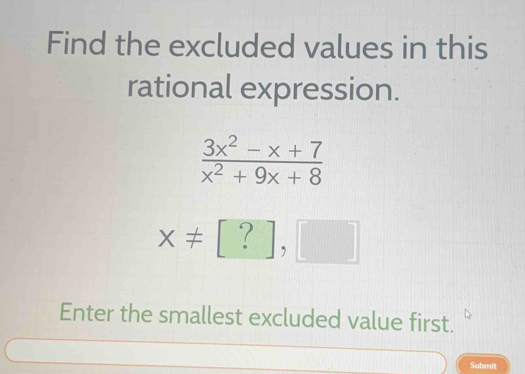 find the excluded values in this rational expression. \\\\frac{3x^2 - x…