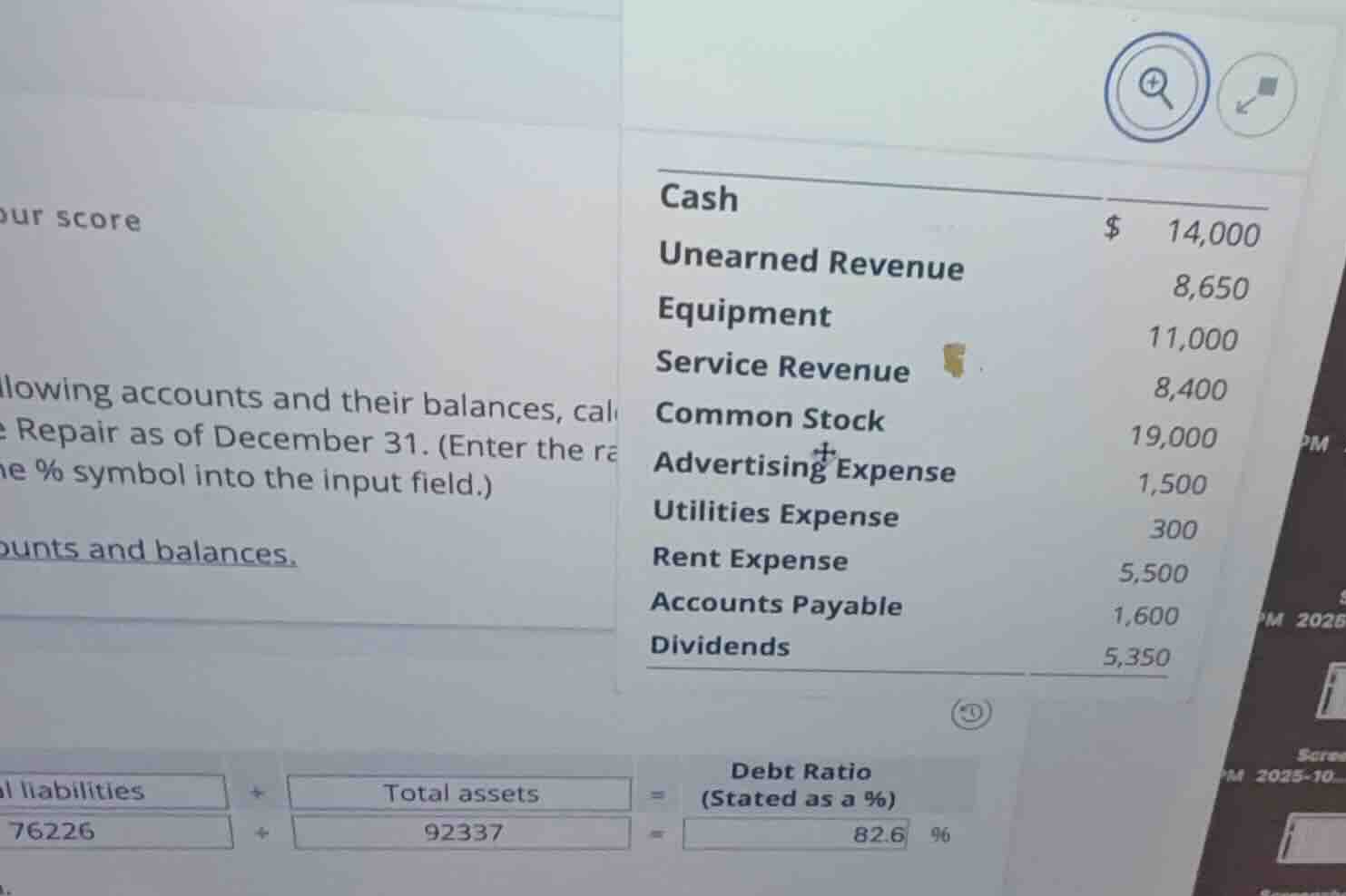 cash $ 14,000 unearned revenue 8,650 equipment 11,000 service revenue 8…