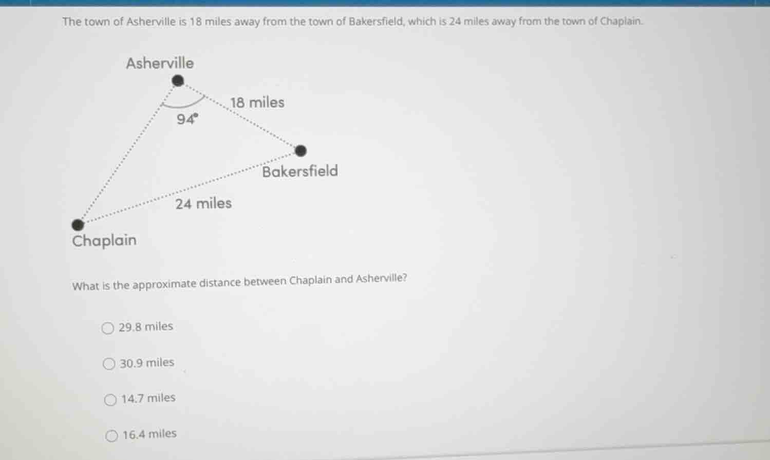 the town of asherville is 18 miles away from the town of bakersfield, w…