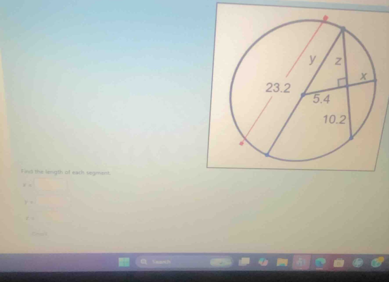 find the length of each segment. \\(x = \\) \\(y = \\) \\(z = \\)