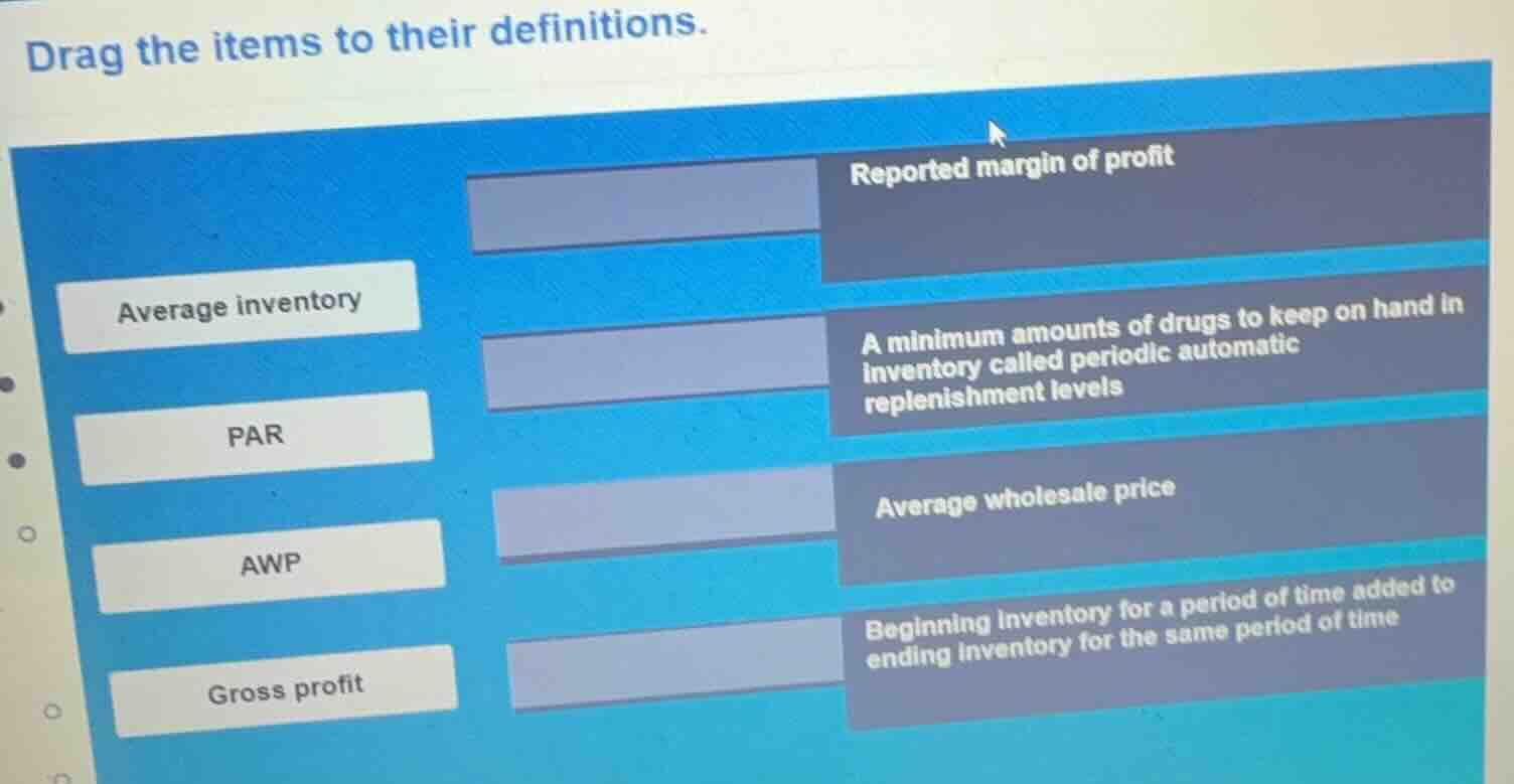 drag the items to their definitions. average inventory par awp gross pr…