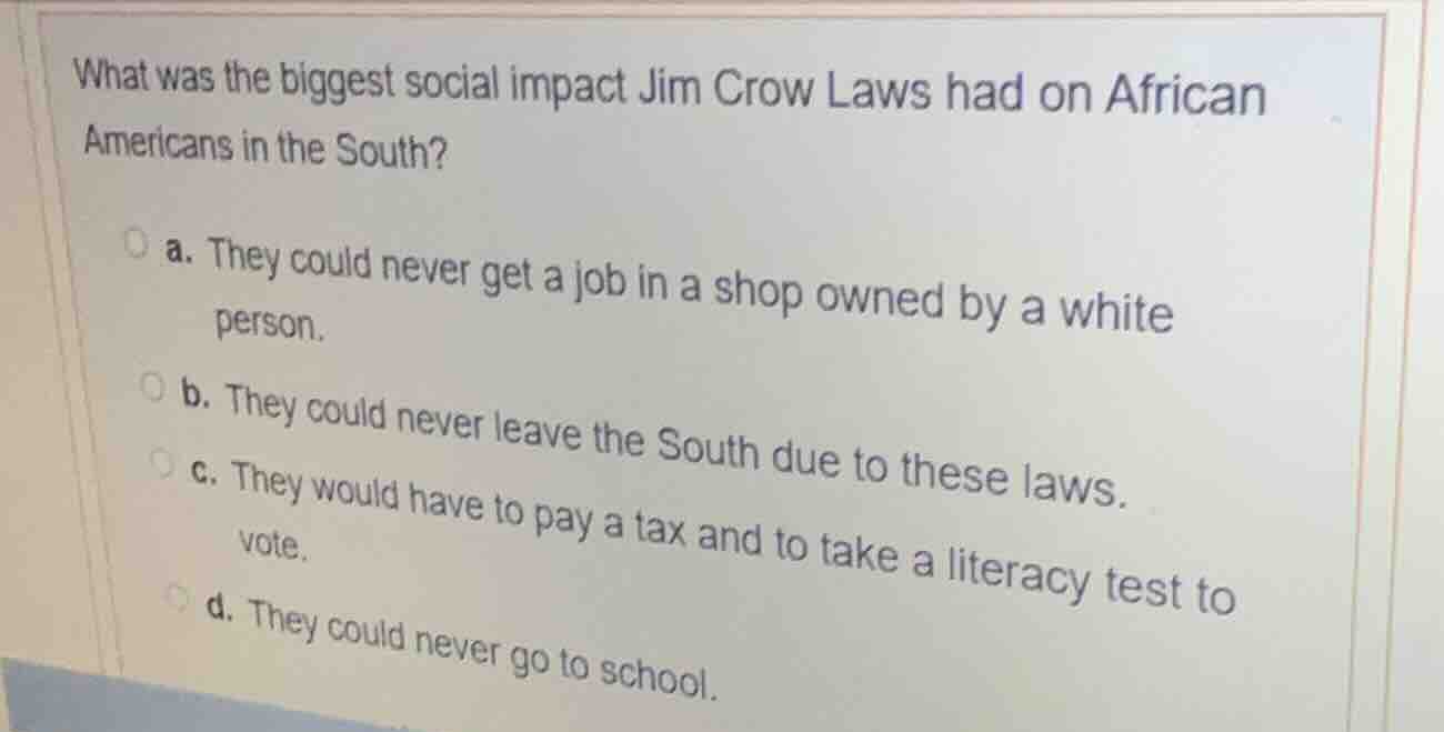 what was the biggest social impact jim crow laws had on african america…