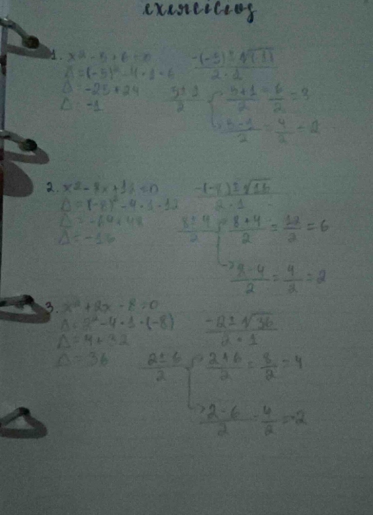 exercícios 1. \\(x^2 - 5x + 6 = 0\\) \\(\\delta = (-5)^2 - 4 \\cdot 1 \…