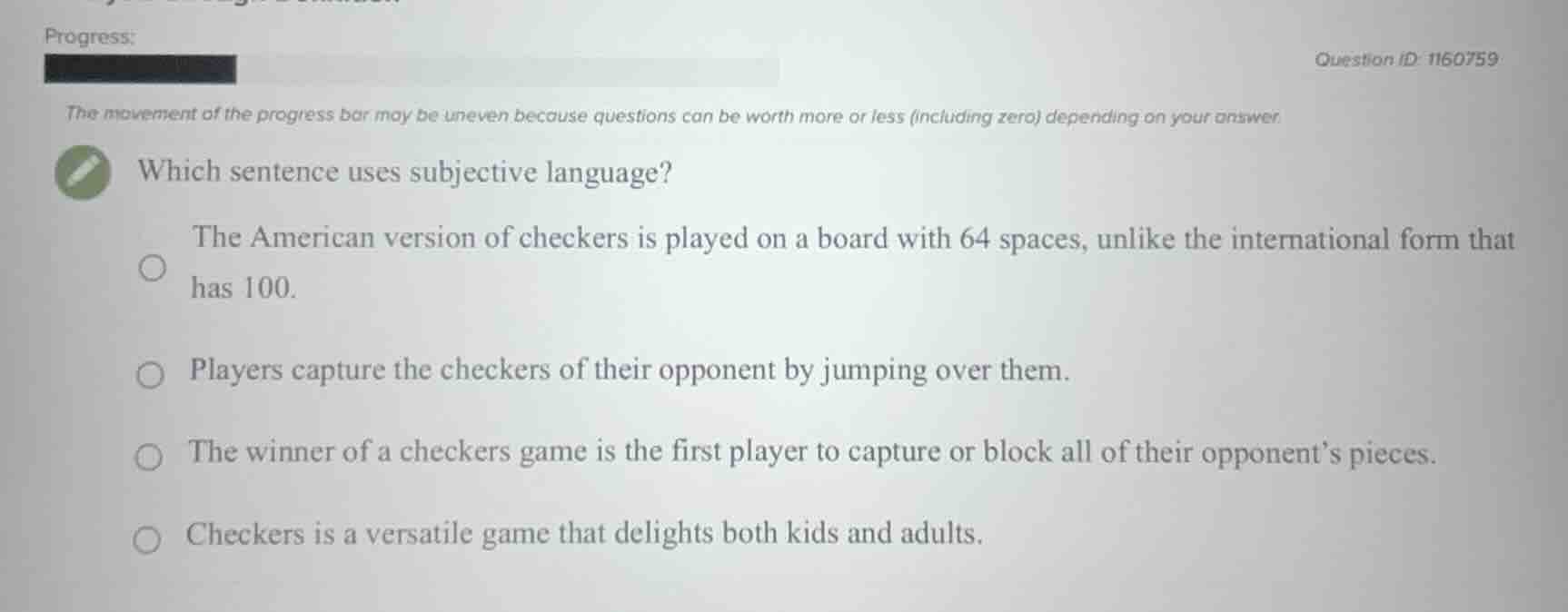 which sentence uses subjective language? - the american version of chec…