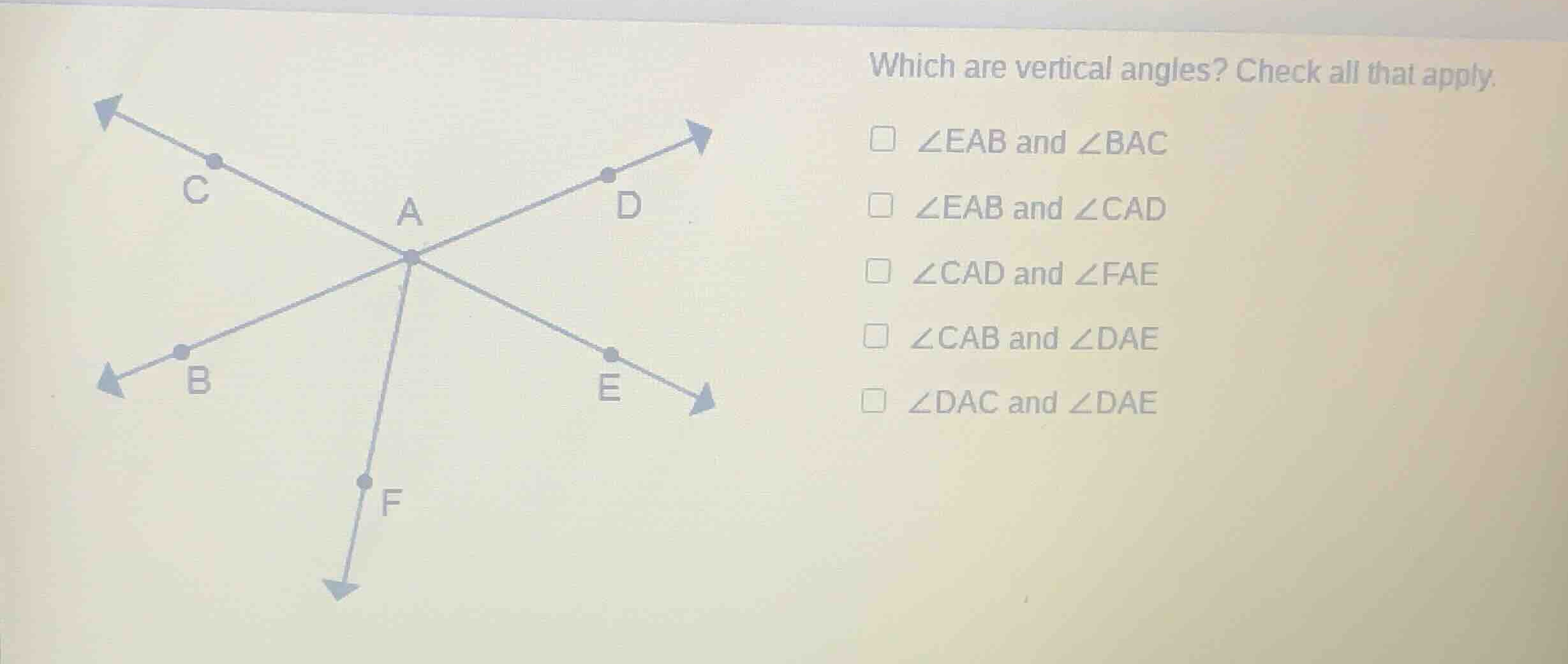 which are vertical angles? check all that apply. \\(\\angle eab\\) and …