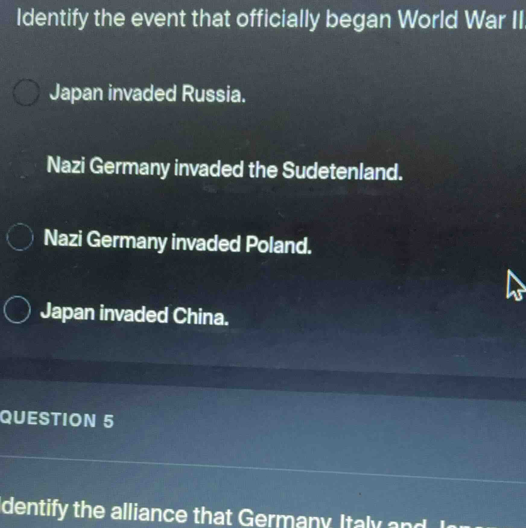 identify the event that officially began world war ii. japan invaded ru…