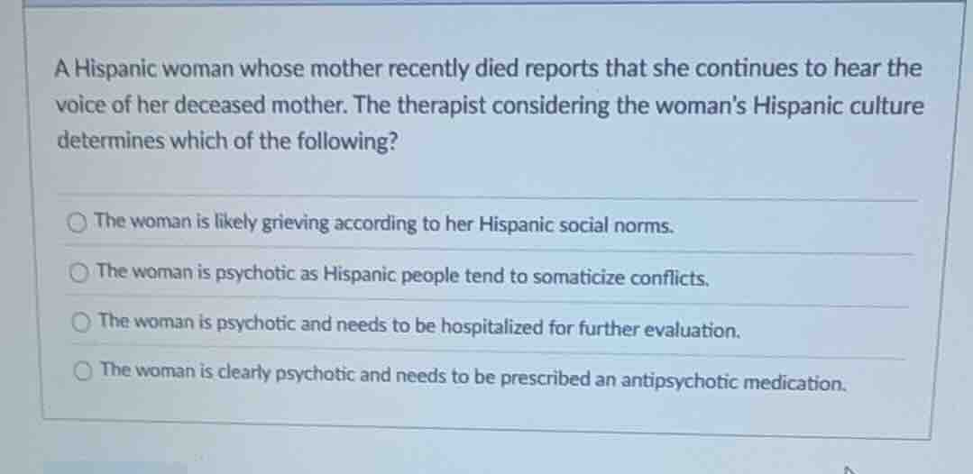 a hispanic woman whose mother recently died reports that she continues …
