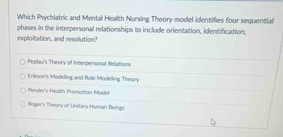 which psychiatric and mental health nursing theory model identifies fou…