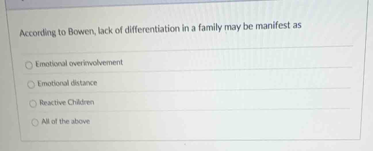 according to bowen, lack of differentiation in a family may be manifest…