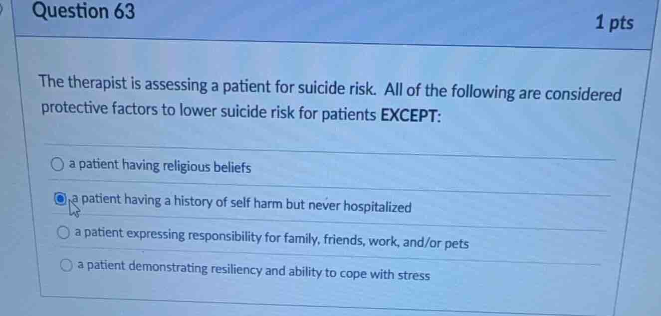 question 63 1 pts the therapist is assessing a patient for suicide risk…