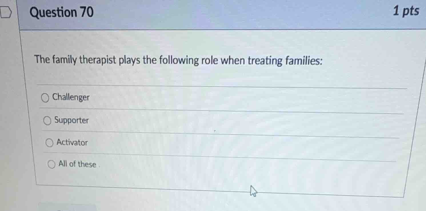 question 70 1 pts the family therapist plays the following role when tr…