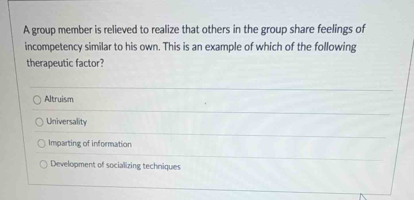 a group member is relieved to realize that others in the group share fe…