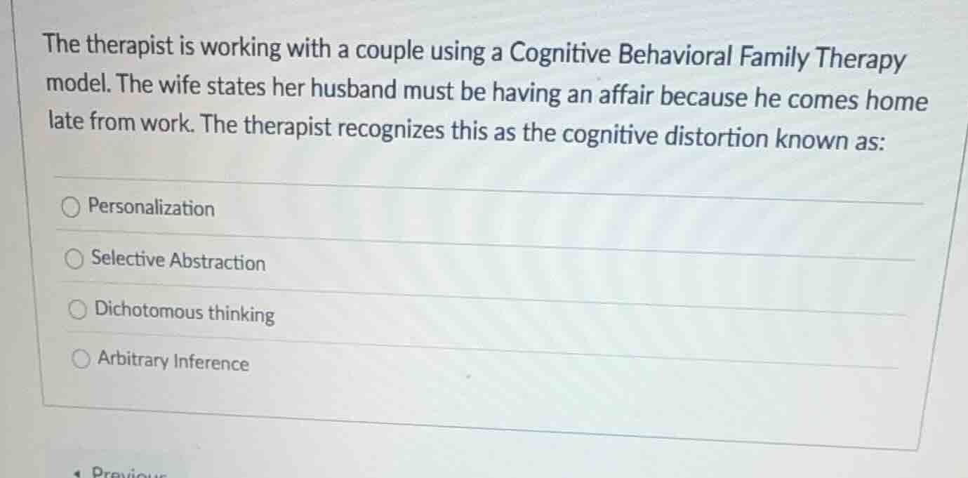 the therapist is working with a couple using a cognitive behavioral fam…
