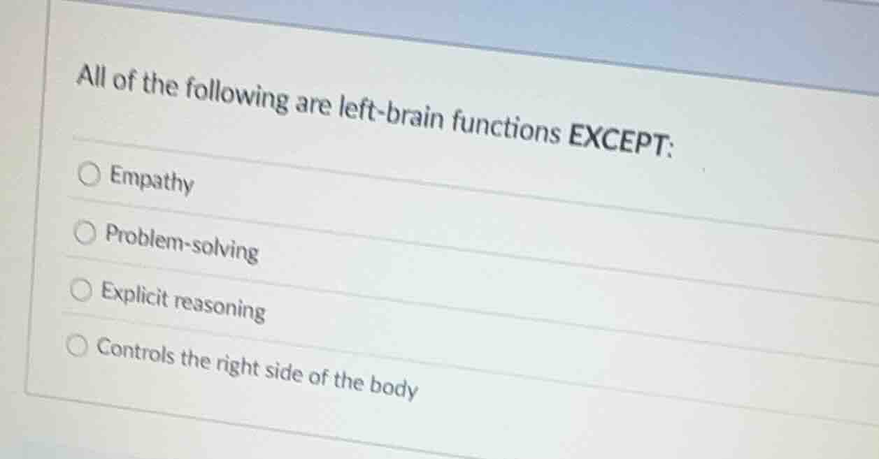 all of the following are left-brain functions except: empathy problem-s…