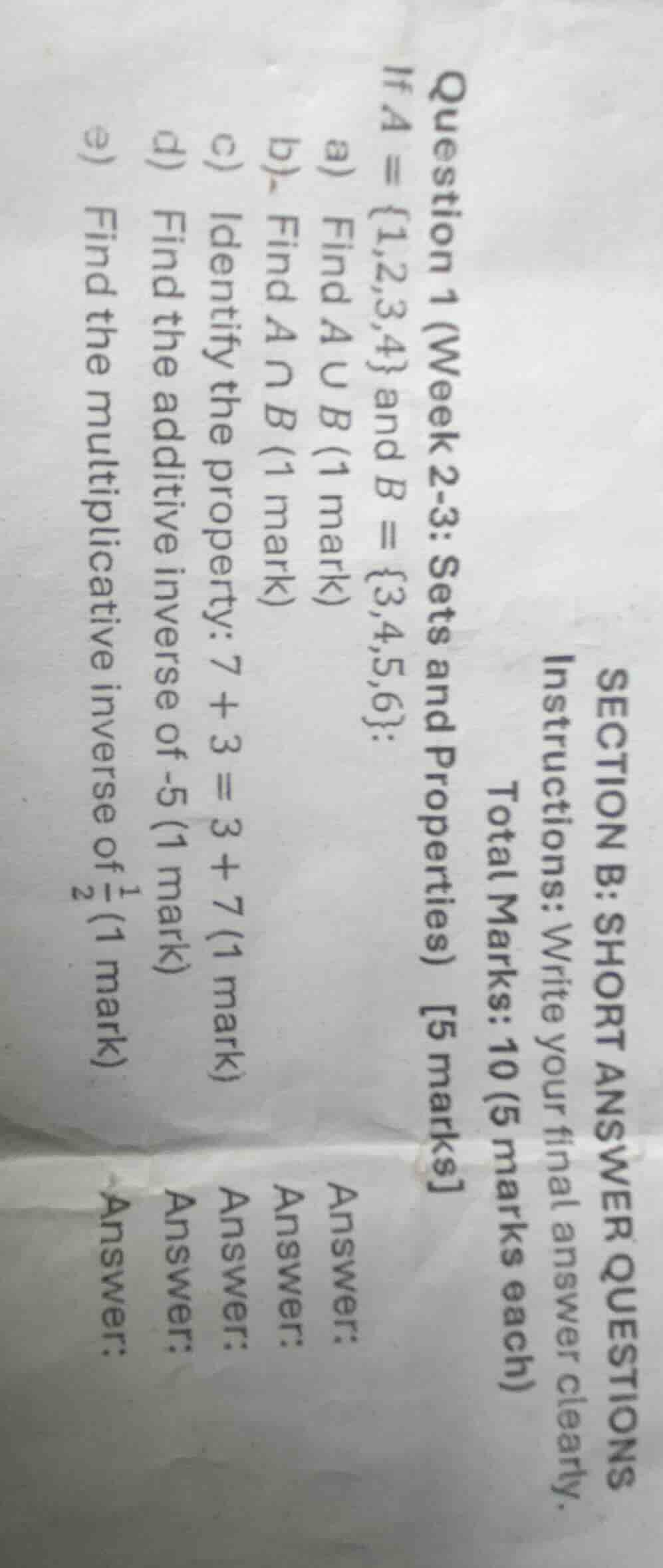 section b: short answer questions instructions: write your final answer…