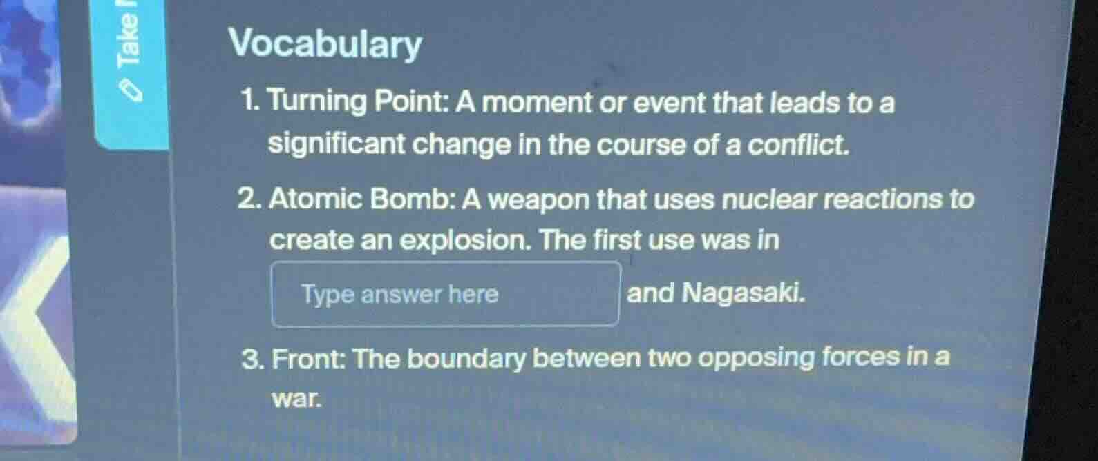 vocabulary 1. turning point: a moment or event that leads to a signific…