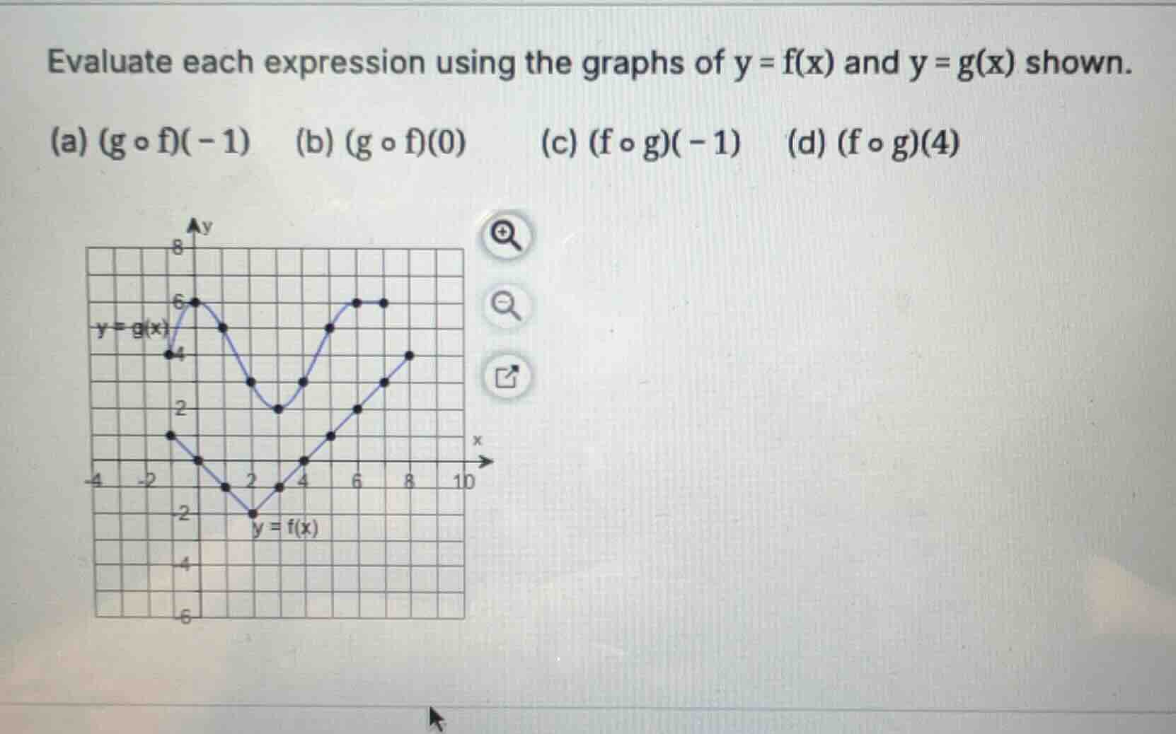 evaluate each expression using the graphs of y = f(x) and y = g(x) show…