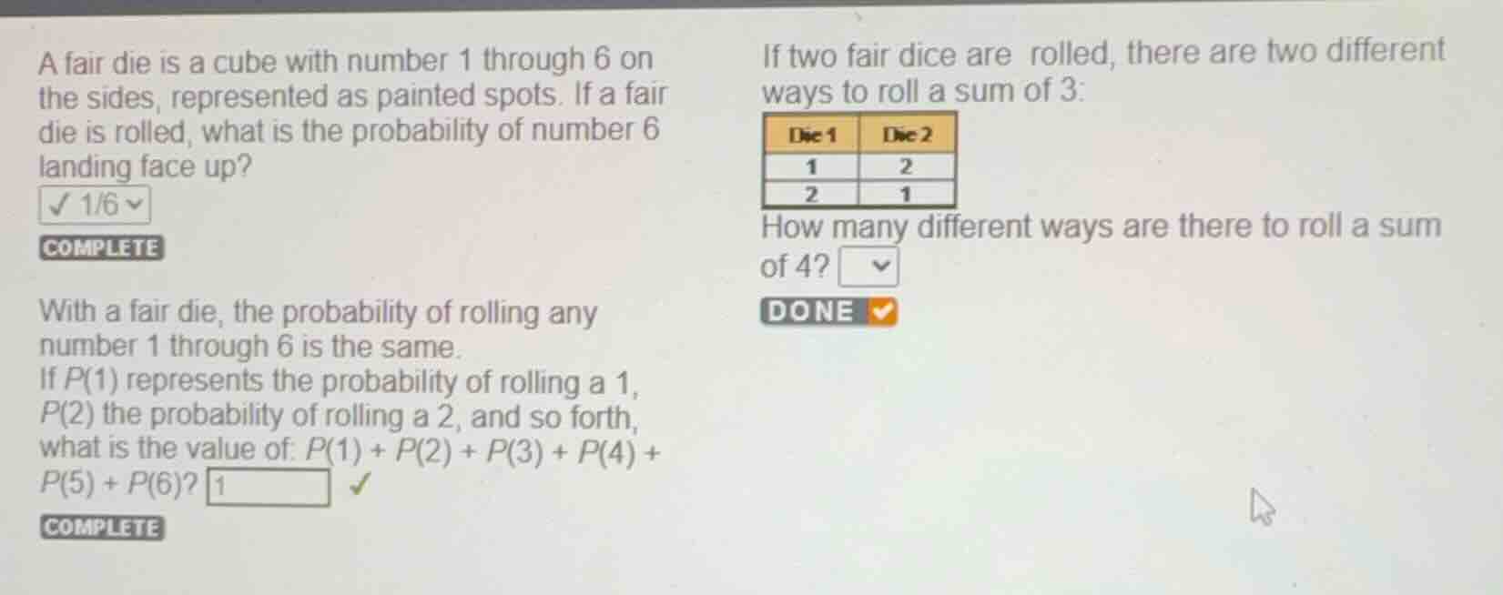 a fair die is a cube with number 1 through 6 on the sides, represented …