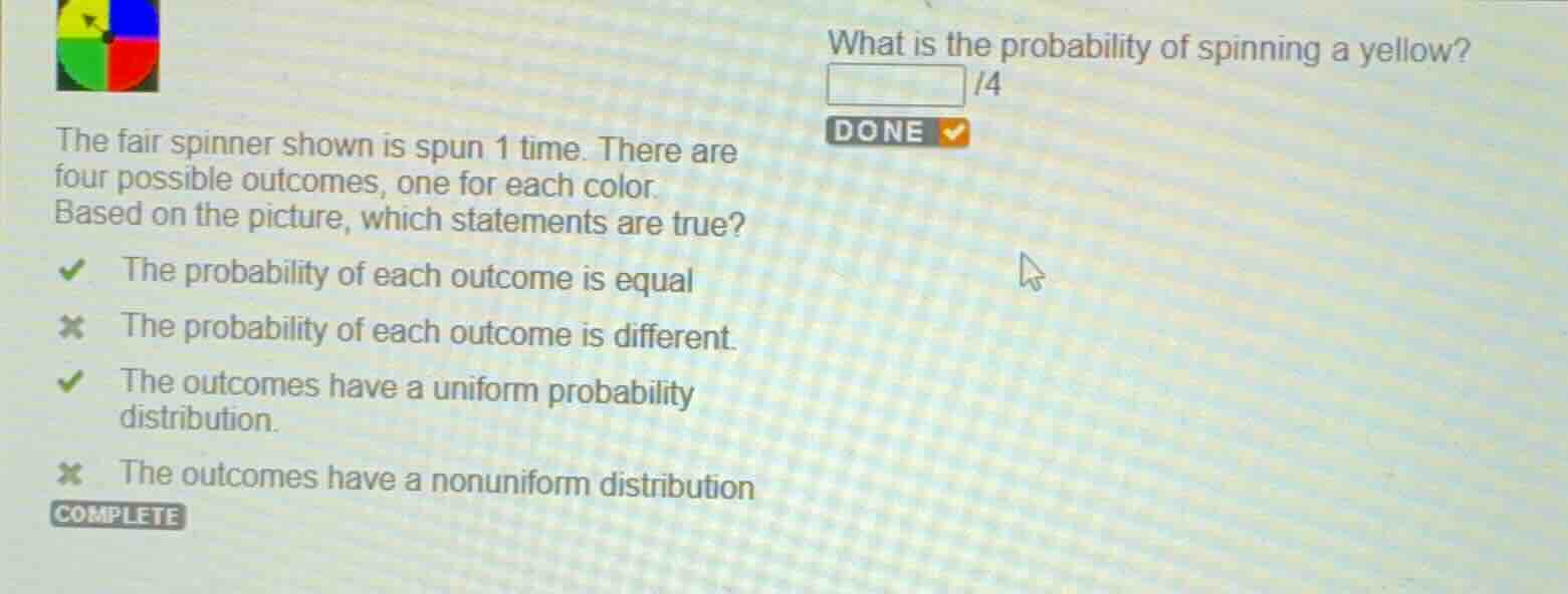 what is the probability of spinning a yellow? /4 the fair spinner shown…