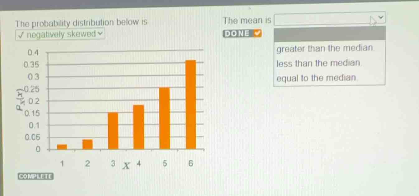 the probability distribution below is negatively skewed. the mean is se…