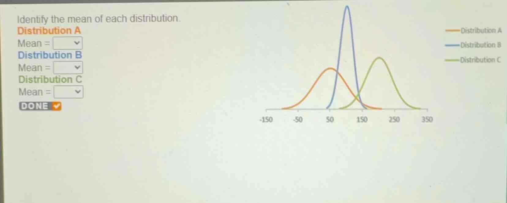 identify the mean of each distribution. distribution a mean = distribut…