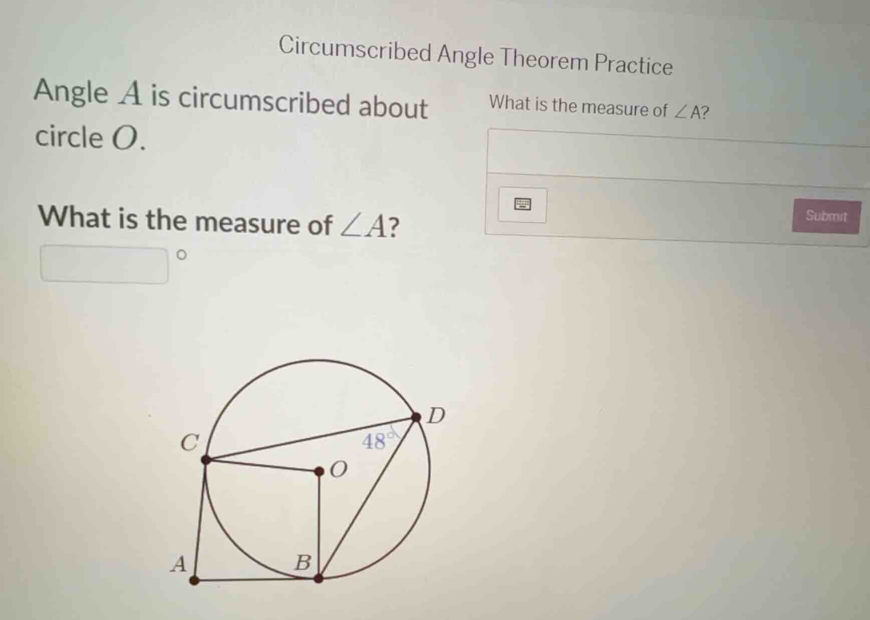 circumscribed angle theorem practice angle \\(a\\) is circumscribed abo…