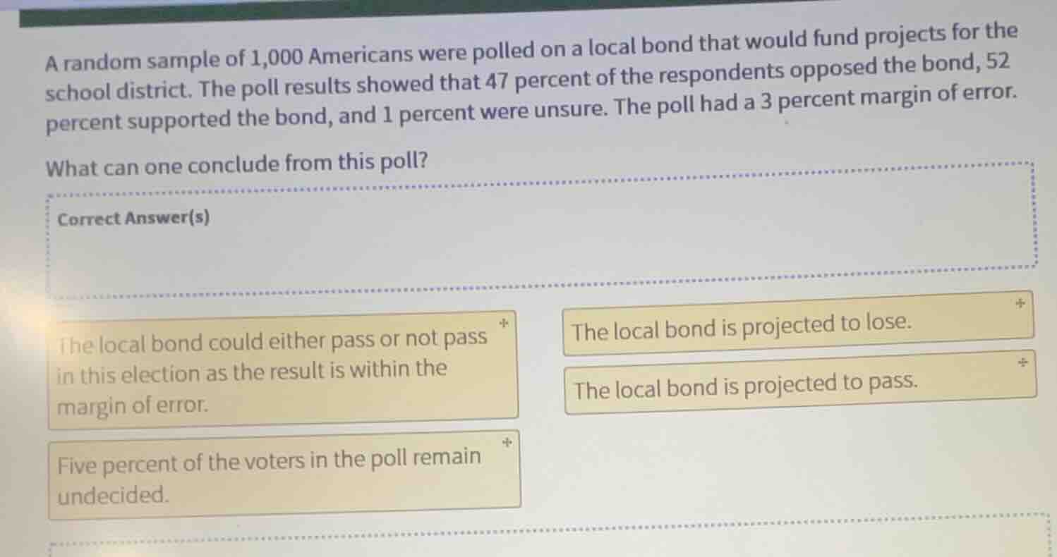 a random sample of 1,000 americans were polled on a local bond that wou…
