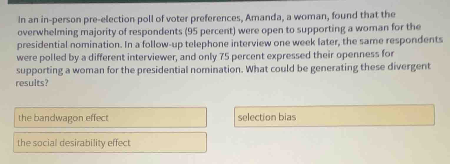 in an in-person pre-election poll of voter preferences, amanda, a woman…