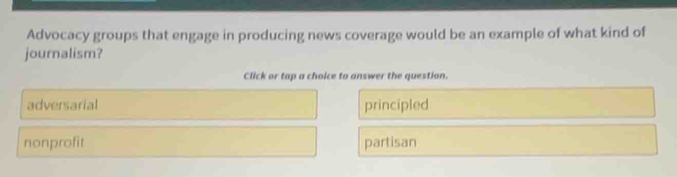 advocacy groups that engage in producing news coverage would be an exam…