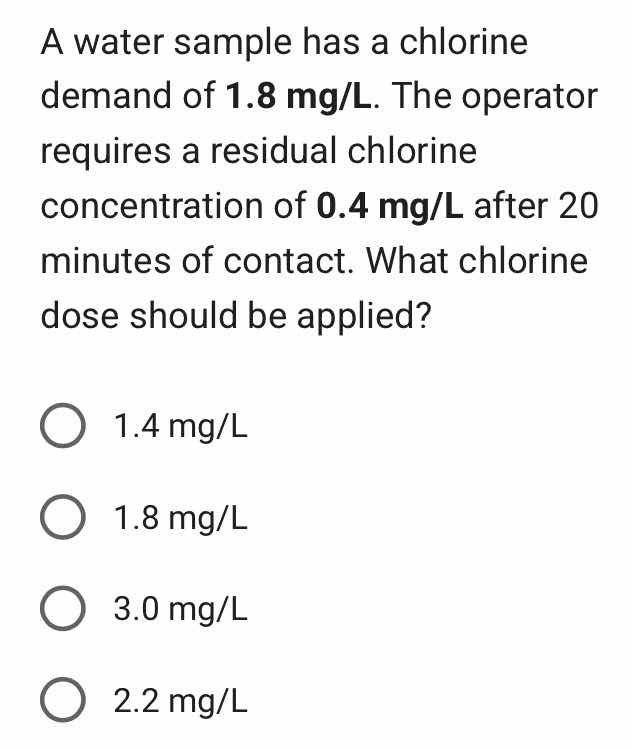 a water sample has a chlorine demand of 1.8 mg/l. the operator requires…