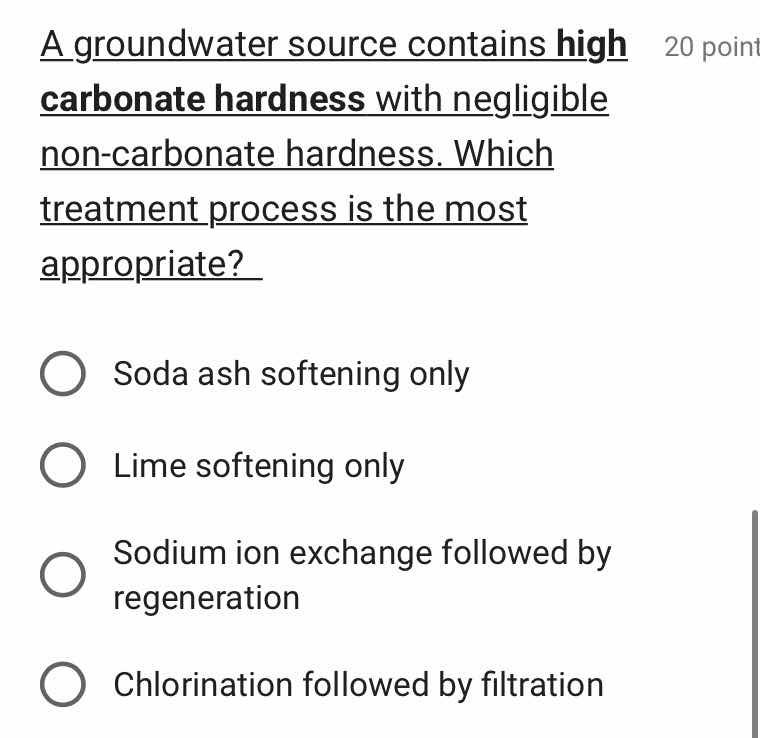 a groundwater source contains high carbonate hardness with negligible n…