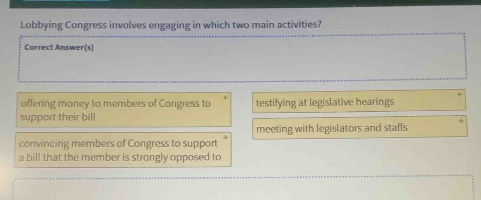 lobbying congress involves engaging in which two main activities? corre…