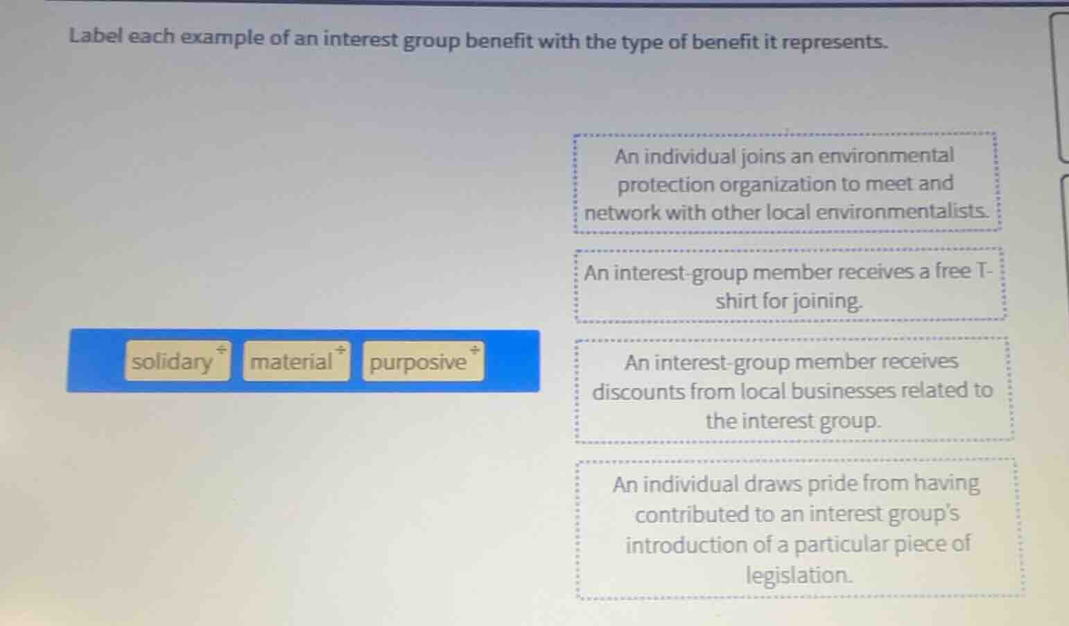 label each example of an interest group benefit with the type of benefi…