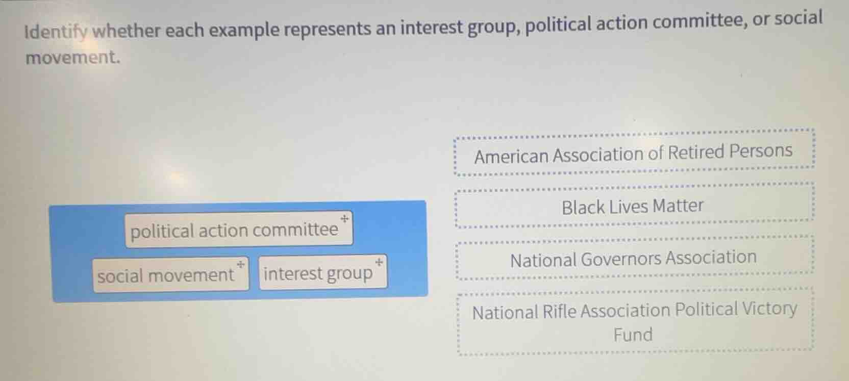 identify whether each example represents an interest group, political a…