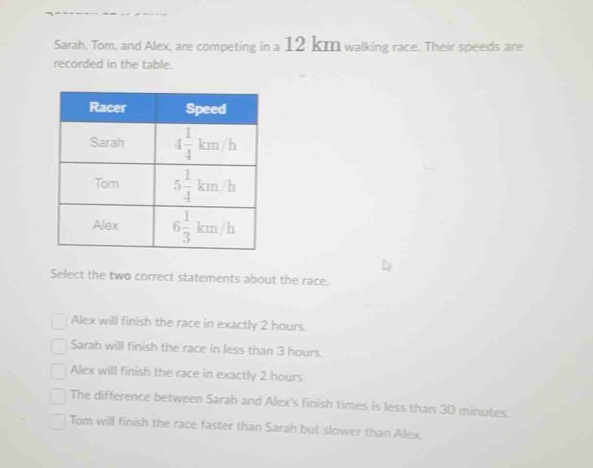 sarah, tom, and alex, are competing in a \\(12\\text{ km}\\) walking ra…