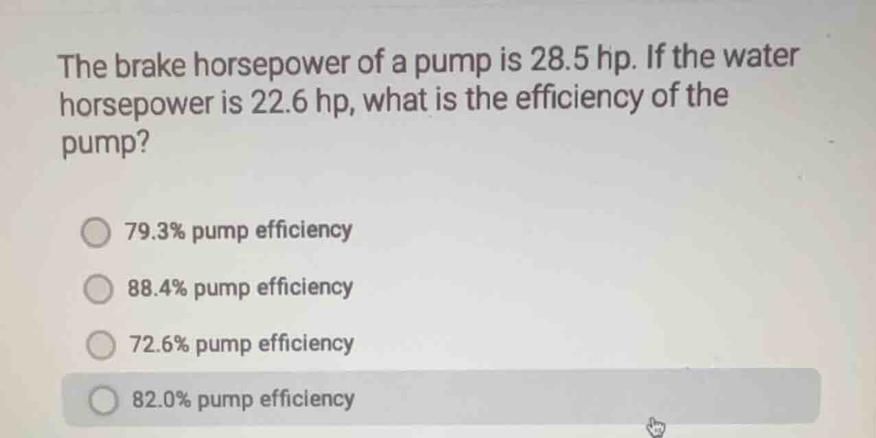 the brake horsepower of a pump is 28.5 hp. if the water horsepower is 2…