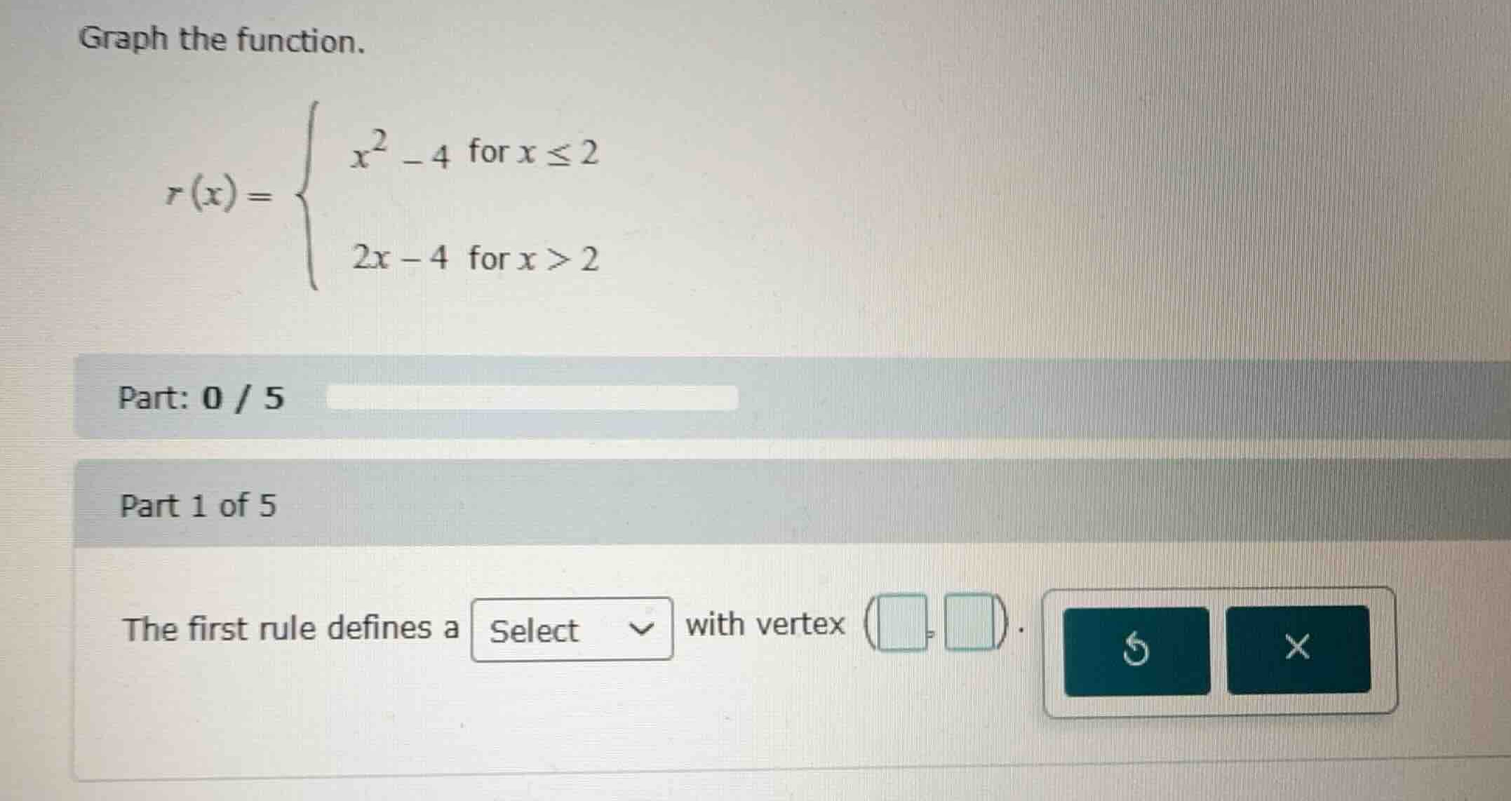 graph the function. \ (x) = \\begin{cases} x^2 - 4 & \\text{for } x \\l…