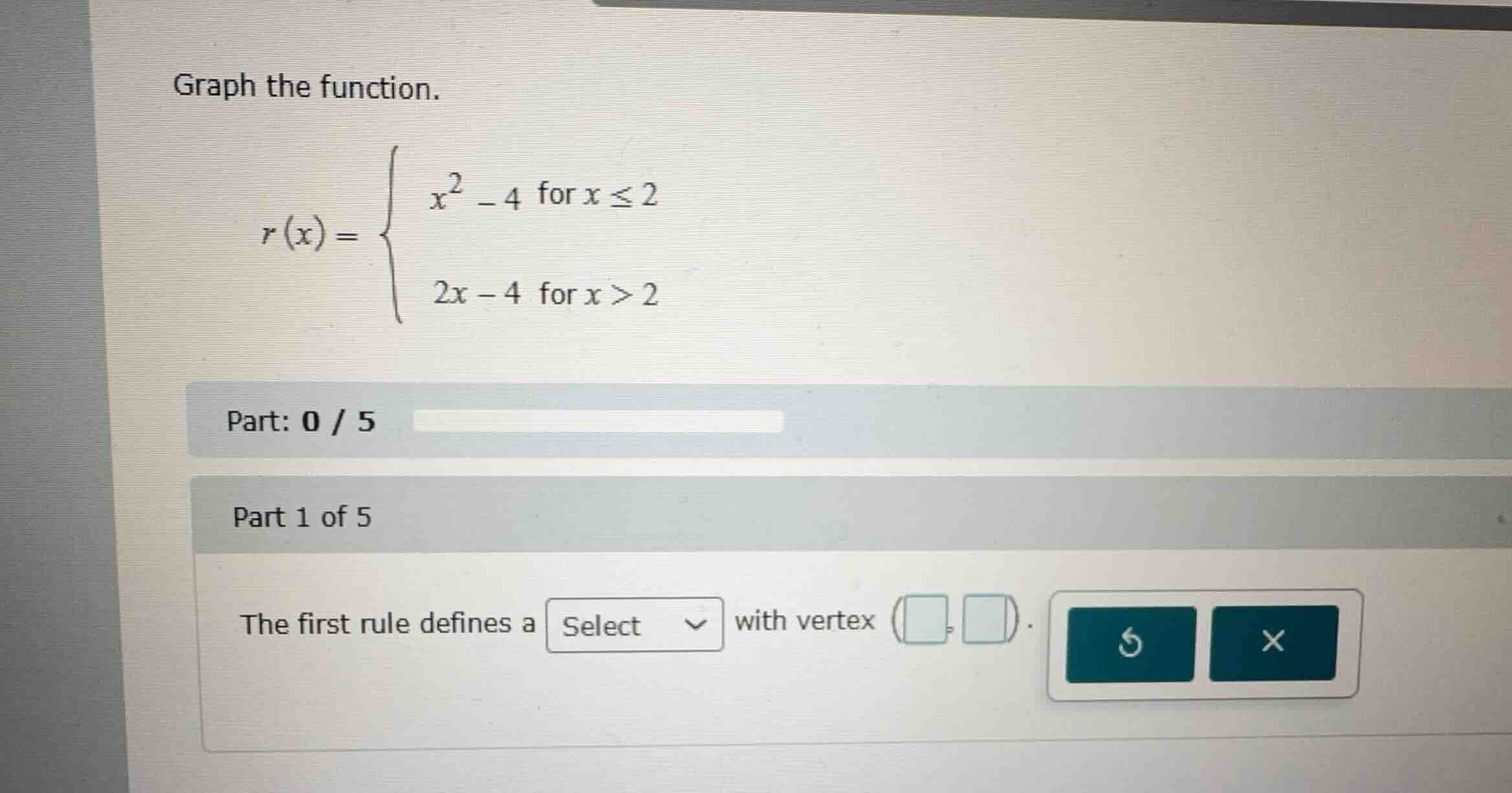 graph the function. \ (x) = \\begin{cases} x^2 - 4 & \\text{for } x \\l…