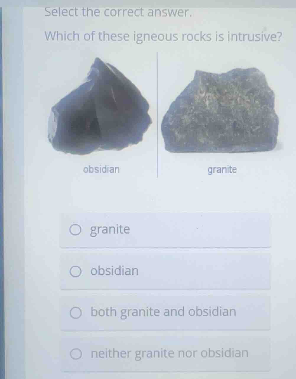 select the correct answer. which of these igneous rocks is intrusive? g…