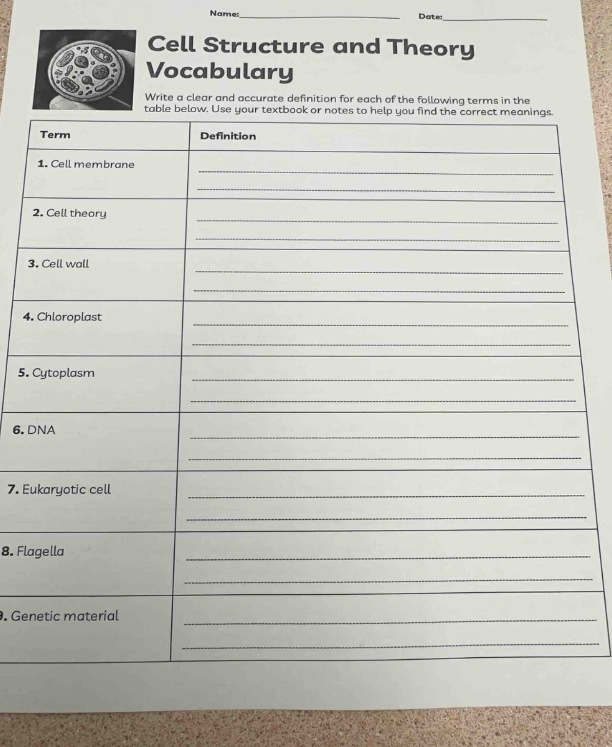 name: date: cell structure and theory vocabulary write a clear and accu…