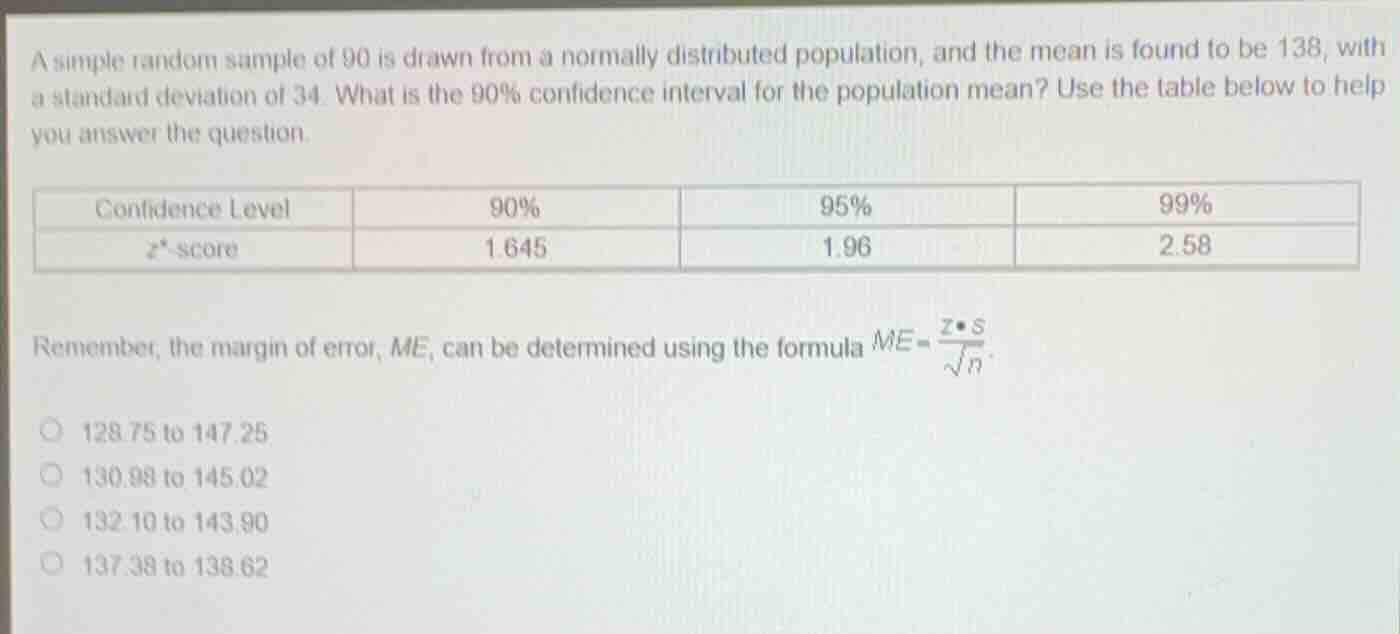a simple random sample of 90 is drawn from a normally distributed popul…