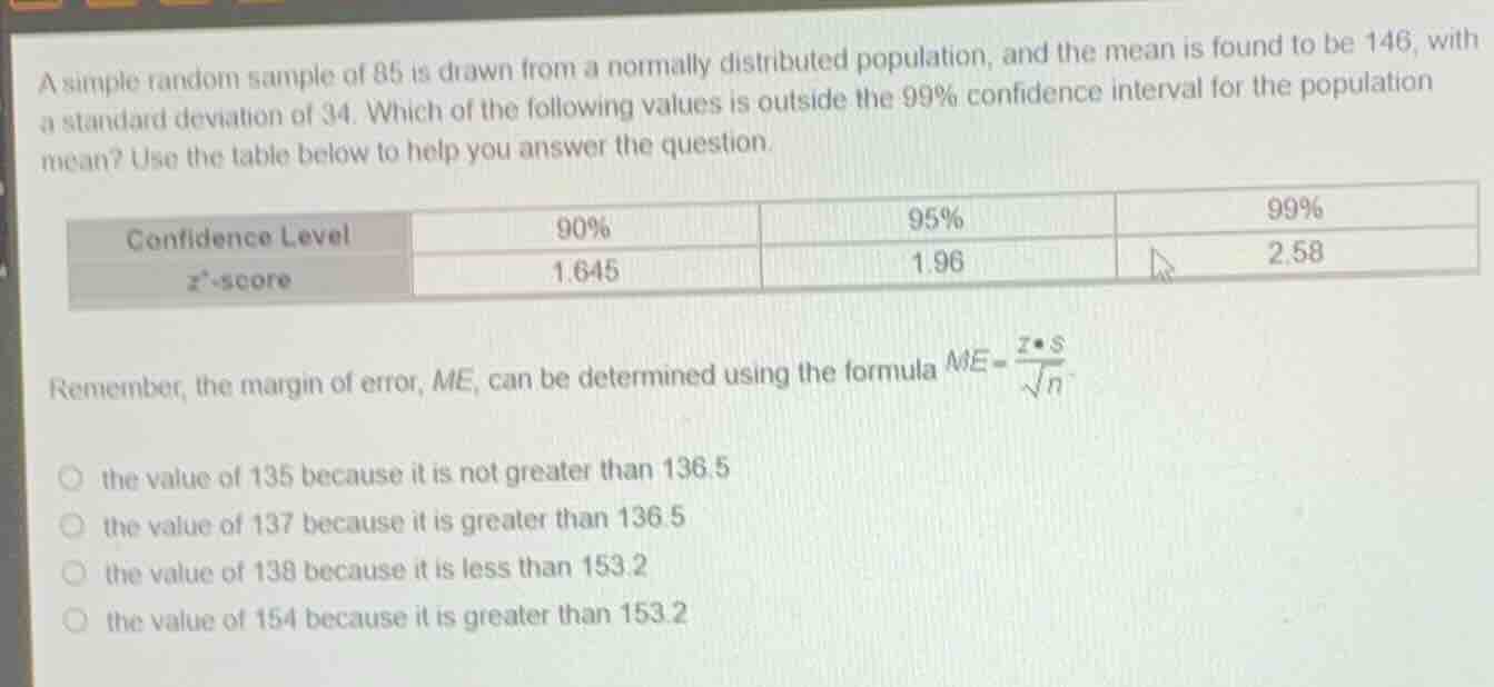 a simple random sample of 85 is drawn from a normally distributed popul…