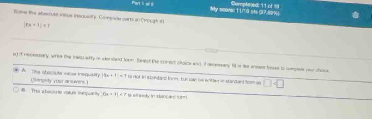 solve the absolute value inequality. complete parts a) through d). \\|6…
