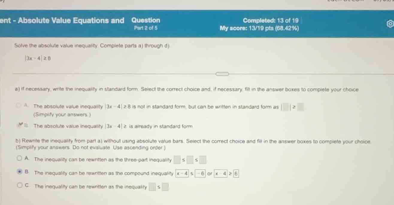 solve the absolute value inequality. complete parts a) through d). \\|3…