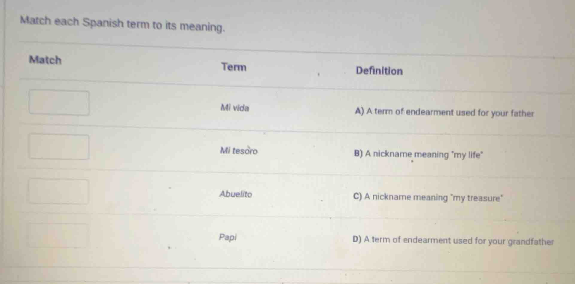 match each spanish term to its meaning. match | term | definition --- |…