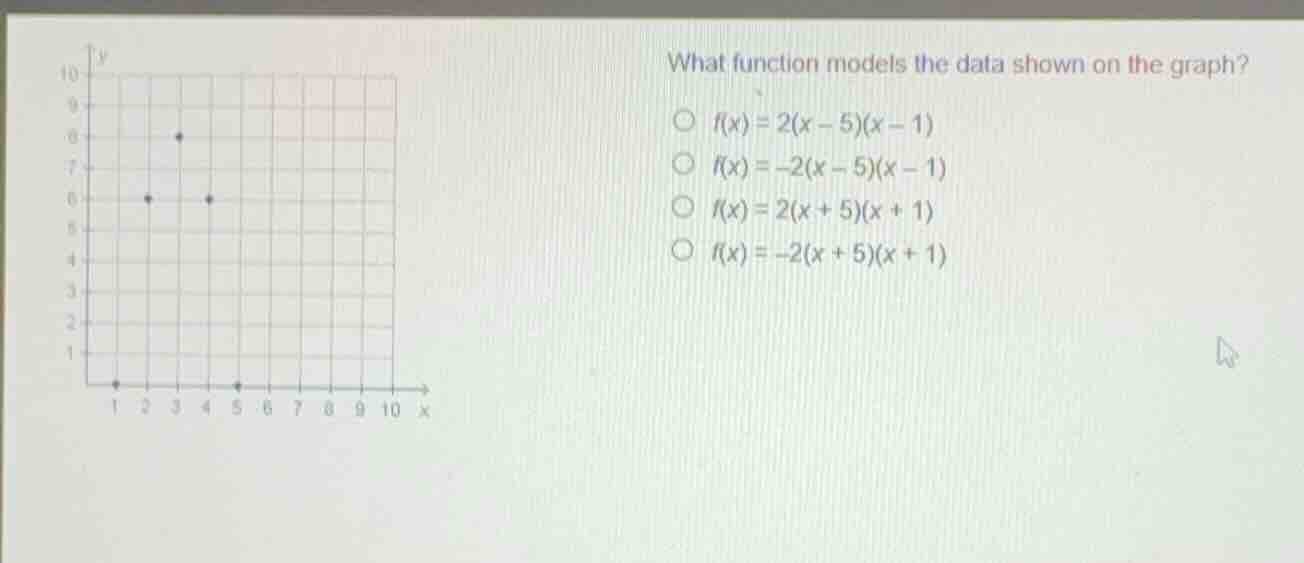 what function models the data shown on the graph? \\(f(x) = 2(x - 5)(x …