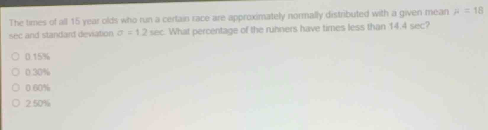 the times of all 15 year olds who run a certain race are approximately …